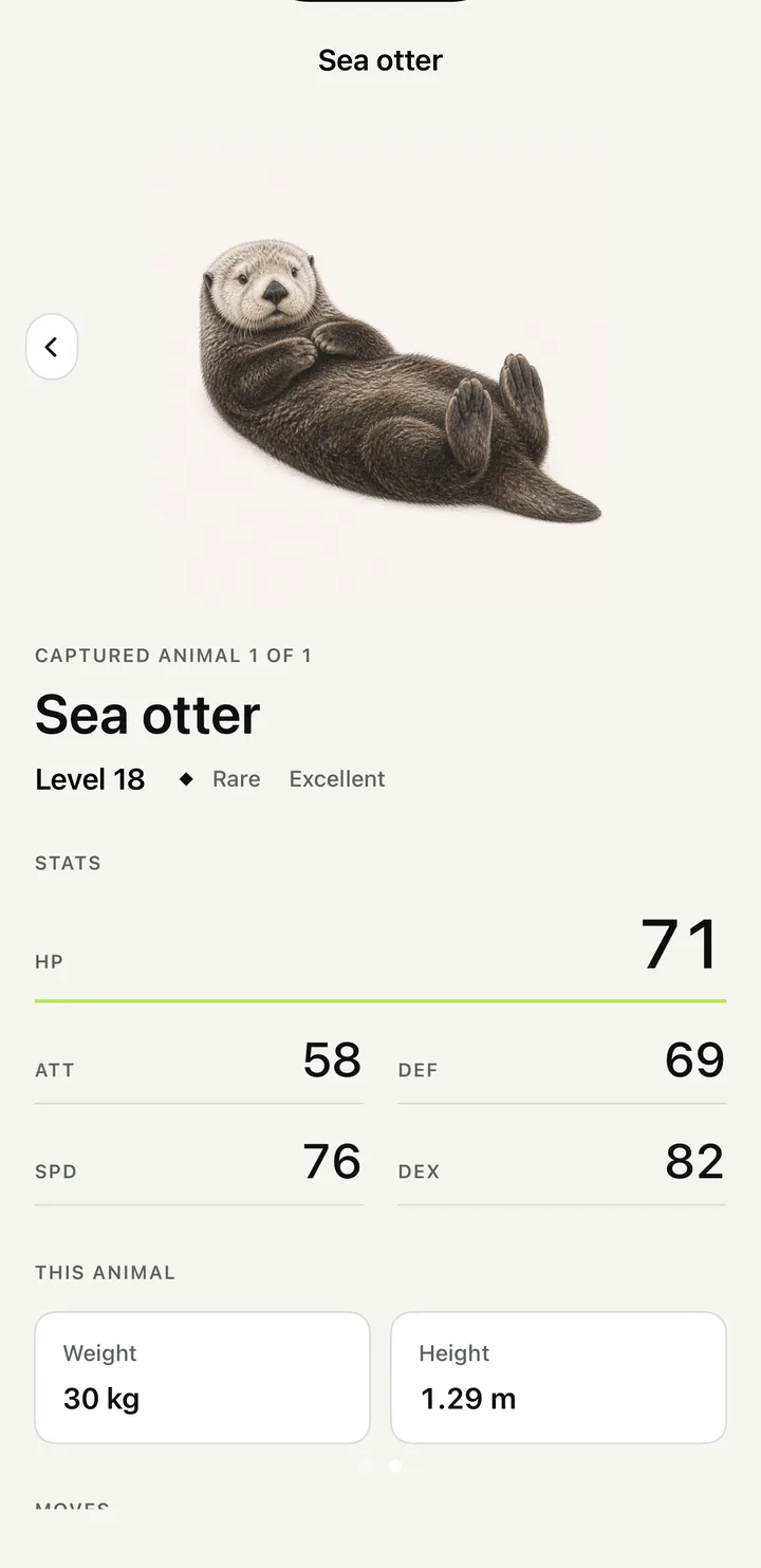 Terra Fauna animal detail screen for a sea otter with stats