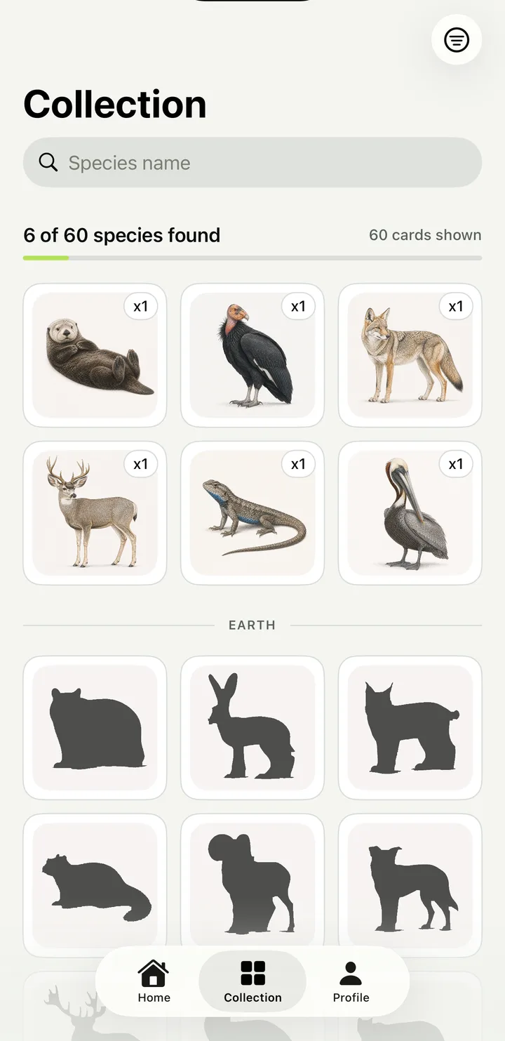 Terra Fauna collection screen with found species and locked silhouettes