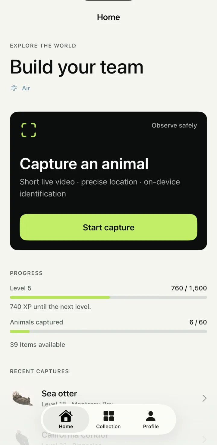 Terra Fauna home screen showing capture, level progress, and recent captures