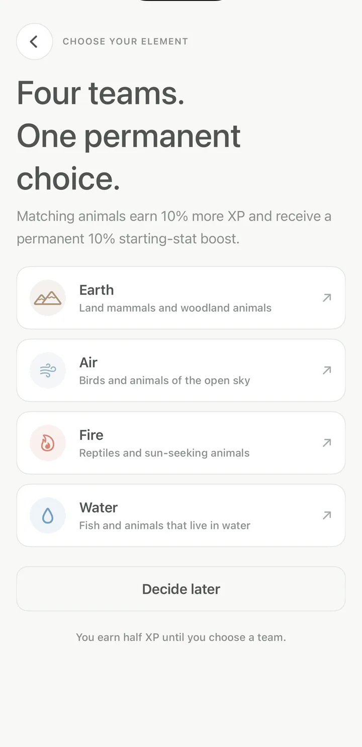 Terra Fauna team selection screen with Earth, Air, Fire, and Water